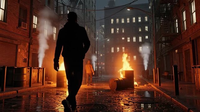 Urban alleyway at night with burning barrels and a lone figure