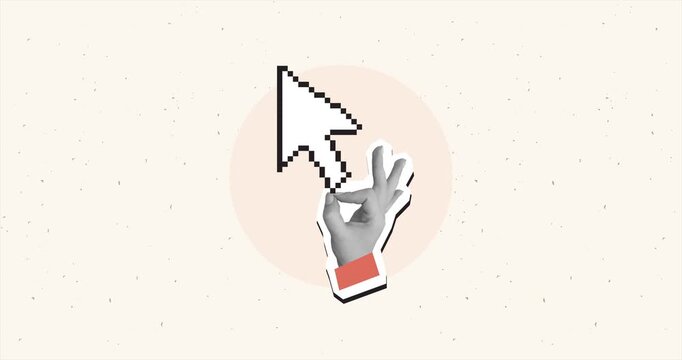 Hand holding a big pixel cursor. Modern photo collage style. 4K animation