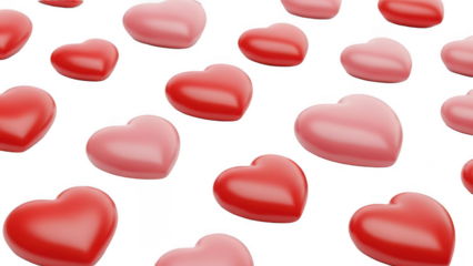 Valentine Floating red and pink 3d hearts pattern on transparent background for romantic design projects