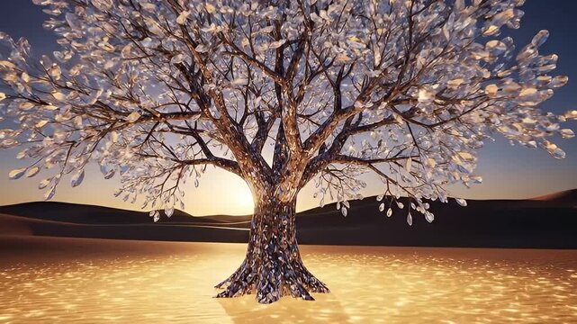 A majestic crystal tree with shimmering leaves and a radiant trunk stands in a golden, sparkling desert at sunset. The ground reflects the ethereal glow, creating a luxurious and dreamlike ambiance. T