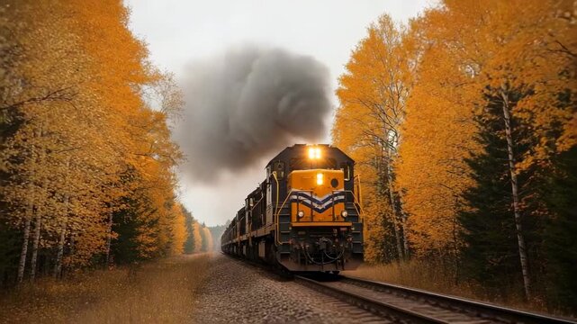 Autumn Train Journey: Locomotive Traveling Through Vibrant Yellow Forest
