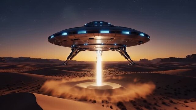 A majestic, metallic disc-shaped craft hovers mysteriously over a vast, undulating desert landscape under a twilight sky dotted with stars. A powerful, ethereal light beam emanates from its underside,