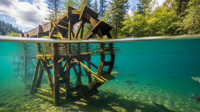 Underwater Old Water Wheel Ruins With Fish Swimming In Clear Blue Water