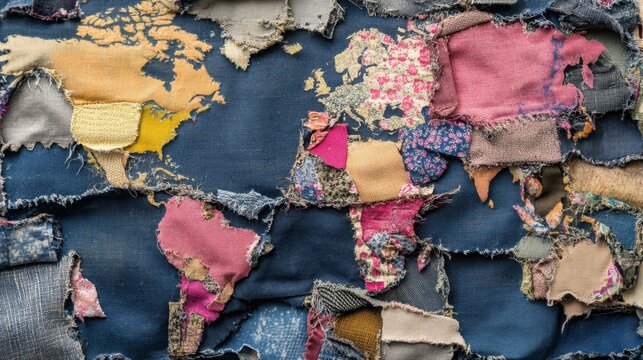 A detailed world map art piece carefully constructed from overlapping distressed fabric patches in various colors and patterns