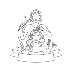 Stylist styling hair using flat iron on client with comb and flowers on transparent background