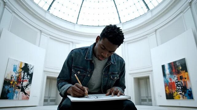 artist sketching in museum gallery. sketchbook and pencil on lap. denim jacket and concentration on portrait and artwork. exhibition gallery layout and process. portfolio study in progress work.