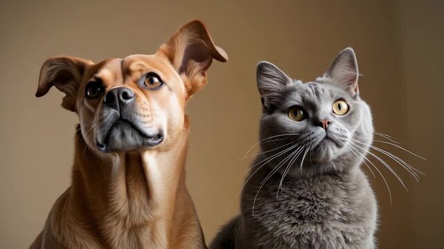 Turning medium brown dog and gray cat to off-camera sound, reacting to stimulus against beige wall