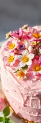 Fototapeta premium Dew-kissed edible flowers on a delicate frosted cake, a pastel reverie, floral, sweet