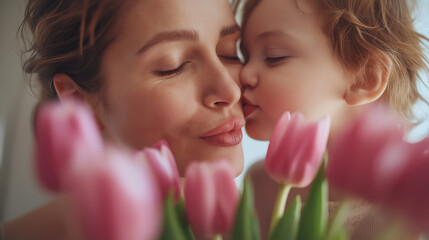 A tender moment shared between a mother and child, as the child playfully kisses her cheek amidst blooming pink tulips, radiating love and affection.