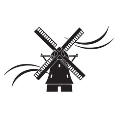 Black Silhouette Windmill Icon with Dynamic Wind Lines on White