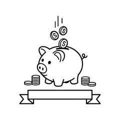 Whimsical line art piggy bank receiving coins with stacks of money and a blank ribbon banner for text