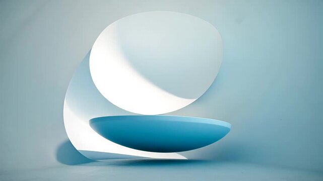 Minimal white geometric abstract sculpture with curved forms balanced on blue pedestal background