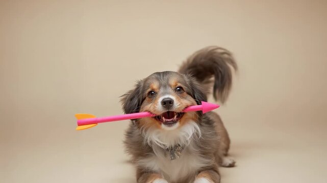 Wagging tri dog holding pink-arrow toy on seamless beige floor, collar metaltag, cam drawing focus