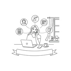 Young woman working from home with laptop and phone while icons representing communication and business float around her