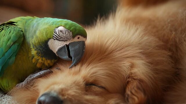 Perching green macaw-like parrot initiating preening golden dog forehead on carpet, showing bond