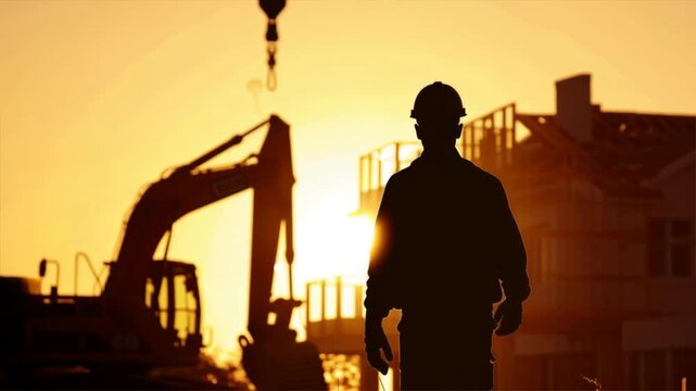 Silhouette of a construction worker at sunset, symbolizing hard work and dedication in the industrial landscape.