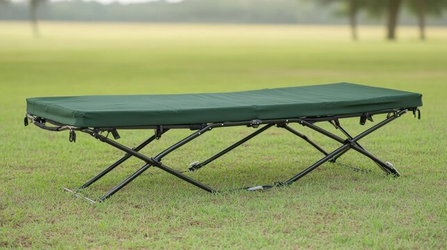 A green collapsible camping cot is folded and ready for outdoor deployment on a grassy field