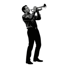 silhouette of a man playing the trumpet against a white background