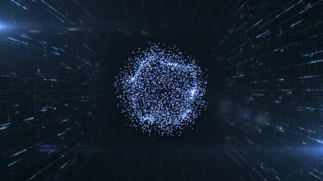 Abstract Cosmic Sphere in Digital Universe: An ethereal glowing sphere of interconnected particles hovers amidst a cosmic array of digital streams, reflecting the boundless expanse of the universe.
