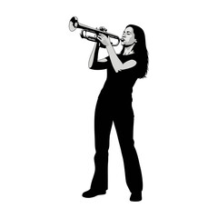 silhouette of a woman playing the trumpet against a white background