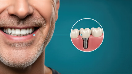 Smiling man with dental implant illustration, showcasing the integration of prosthetic teeth in the gum line, emphasizing modern dental technology and oral health solutions