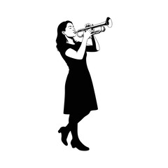 silhouette of a woman playing the trumpet against a white background