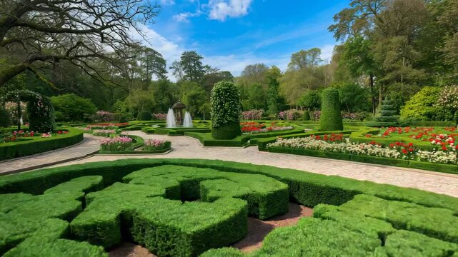 Gliding camera revealing patterned boxwood hedge and fountain jets in formal garden to show layout