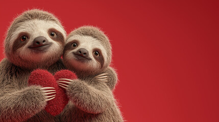 Fototapeta premium Two adorable sloths embrace while holding a red heart, set against a vibrant red background, radiating warmth and affection.