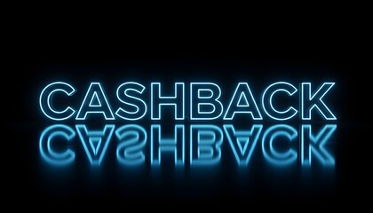 Neon cashback text reflected in a mirrored surface on a dark background illustration