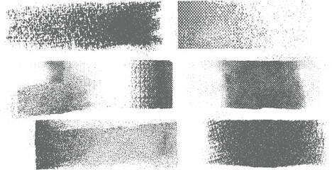 Group of six abstract grunge textures featuring distressed brush strokes and halftone dot patterns in grey and white for versatile applications