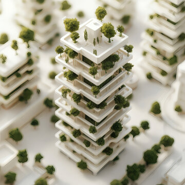 Tilt-shift Photography of a White Architectural Model for a Sustainable Futuristic Skyscraper (generative ai)