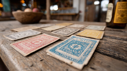 Vintage playing cards on rustic wooden table with warm background