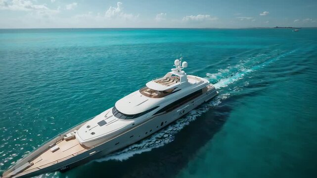 Tracking drone capturing motor yacht cruising through turquoise sea, heading toward distant isle