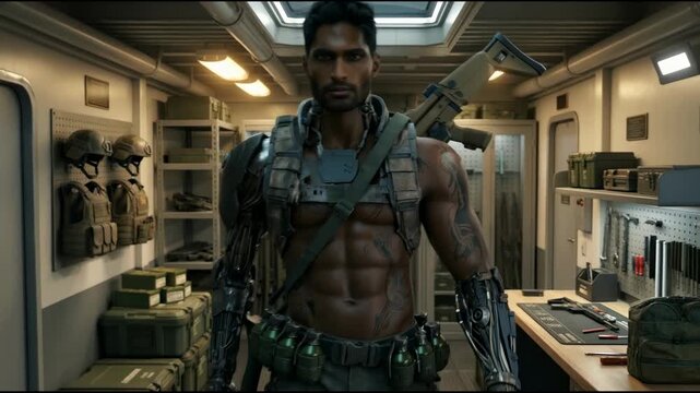 A muscular dark-skinned cyborg in tactical gear stands in an armory holding a heavy machine gun and displaying his mechanical arms against a background of weapon racks
