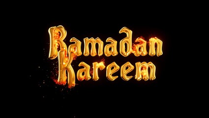 Golden glowing Ramadan Kareem text with fiery embers effect on a black background