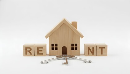 A 3D model of a small wooden house with the word RENT spelled out in wooden blocks on keys