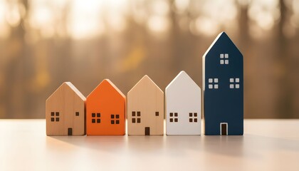 Row of miniature houses in different colors and sizes on a table with a blurred forest background