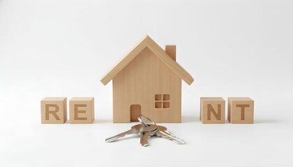 A wooden house model with the word RENT and a set of keys in front of it on a plain white background