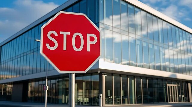 A prominent, vibrant red stop sign stands clearly in the foreground, delivering an unmistakable message of caution, halt, or regulation. The octagonal shape and bold white "STOP" command immediate att
