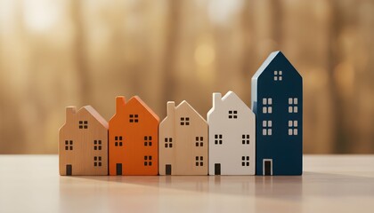 Row of miniature colorful houses on a reflective surface with a blurred background