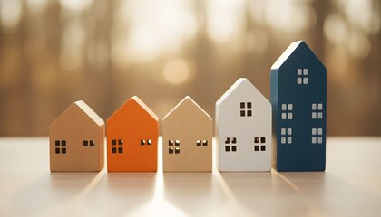 Row of miniature houses in different sizes and colors on a wooden table, with a blurred forest background and soft natural light.