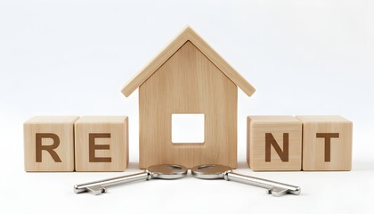 Miniature wooden house model with keys and wooden blocks spelling 'RENT' on a plain surface