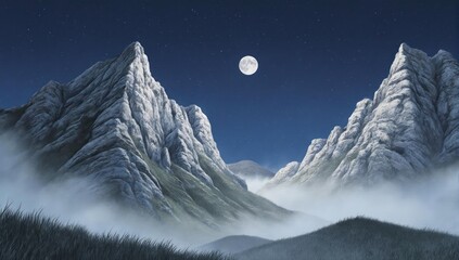 Majestic mountain range under a moonlit night, shrouded in mist