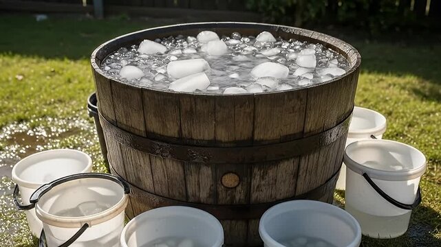 A rustic wooden barrel overflows with a generous amount of sparkling ice cubes and clear, refreshing water, creating dynamic splashes that cascade down its sides. The abundant water spills into severa
