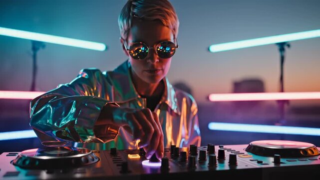 Female DJ mixes music on turntable controller with neon lights. Woman performs mixing at nightclub with turntable. DJ woman uses controller for music performance. Neon club mixing with turntable.