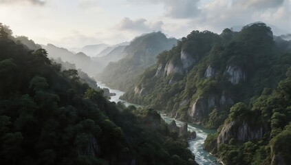 River winds through lush green mountains under a cloudy sky