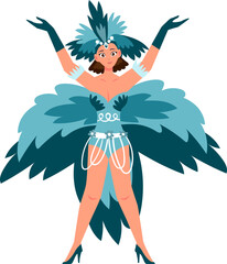 Showgirl in feathered blue costume poses with hands up, suitable for entertainment, performance, theater, dance, and celebrationrelated design projects.