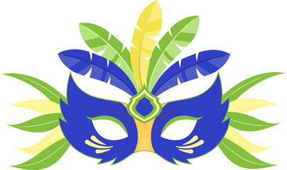 Blue mask with green and yellow feathers for festive events, mardi gras celebrations, theatrical performances, and costume parties, vibrant and eyecatching.
