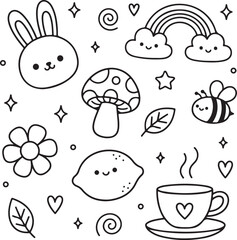Cute hand drawn doodle collection with bunny, rainbow, mushroom, and teacup