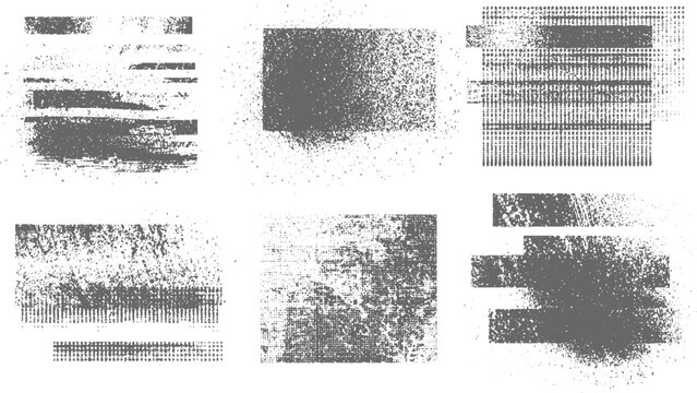 Six grey textured abstract with distressed patterns and dot matrix effects on white background grunge